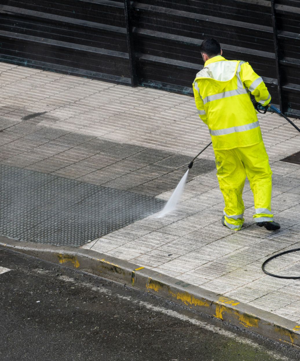 person washing a commercial driveway